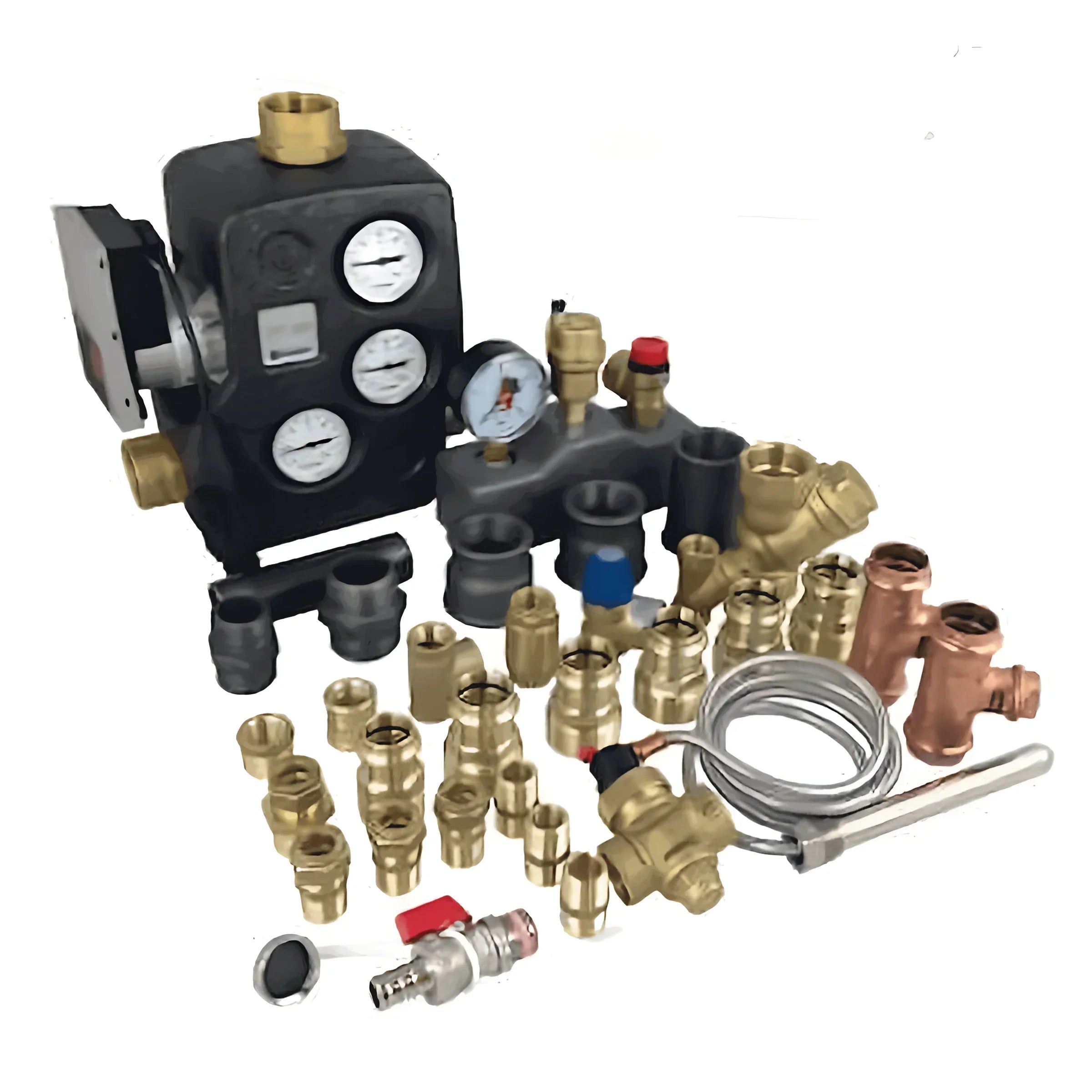 Anschlusspaket Atmos GSE 40-50 kW mit Thermo- und Sicherheitsventilen 🔧, Messgeräten 📏 und verschiedenen Rohrverbindungsstücken 🔩.