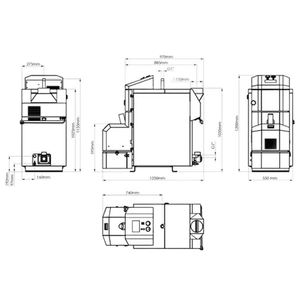 Technische Zeichnung eines Heizkessels mit Maßen für Pelletkessel Attack Pellet 30 Automatik Plus