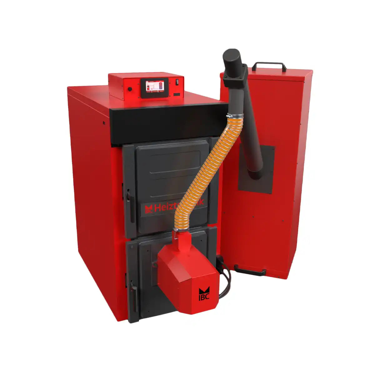 Rote und schwarze Pelletheizung mit angeschlossenem Vorratsbehälter.