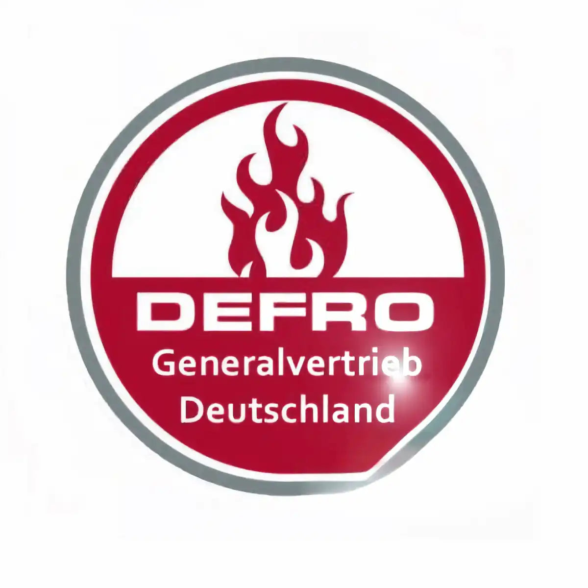 Rundes rotes und weißes Logo mit Flammen.