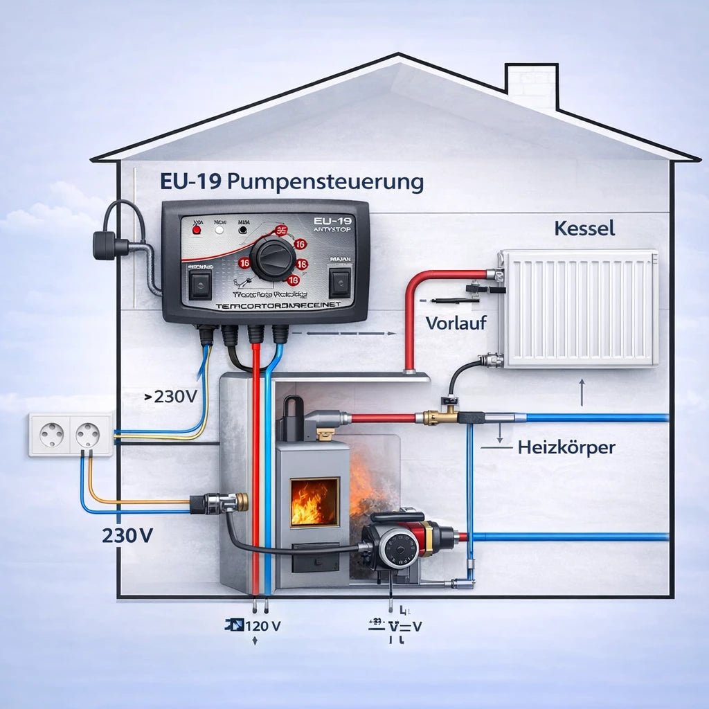 TECH EU-19 Pumpensteuerung für Heizkreispumpe Zentralheizung in einem schematischen Heizsystem.