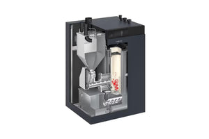 Cutaway of Viessmann Vitoligno pelletkessel mit internen Komponenten und Heiztechnik
