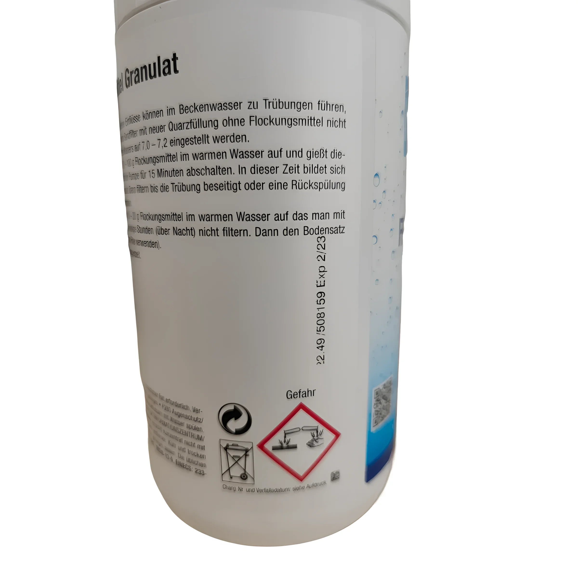 Flockungsmittel Granulat für klares Poolwasser mit Anweisungen zur Anwendung und Sicherheit. 💧🚫