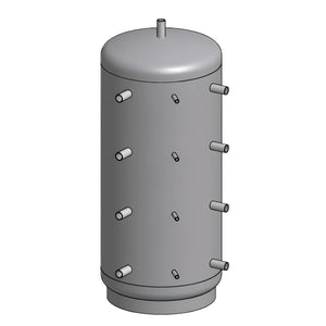 Grauer zylindrischer Pufferspeicher ohne Wärmetauscher mit mehreren Ports, ideal für Boiler-Zubehör