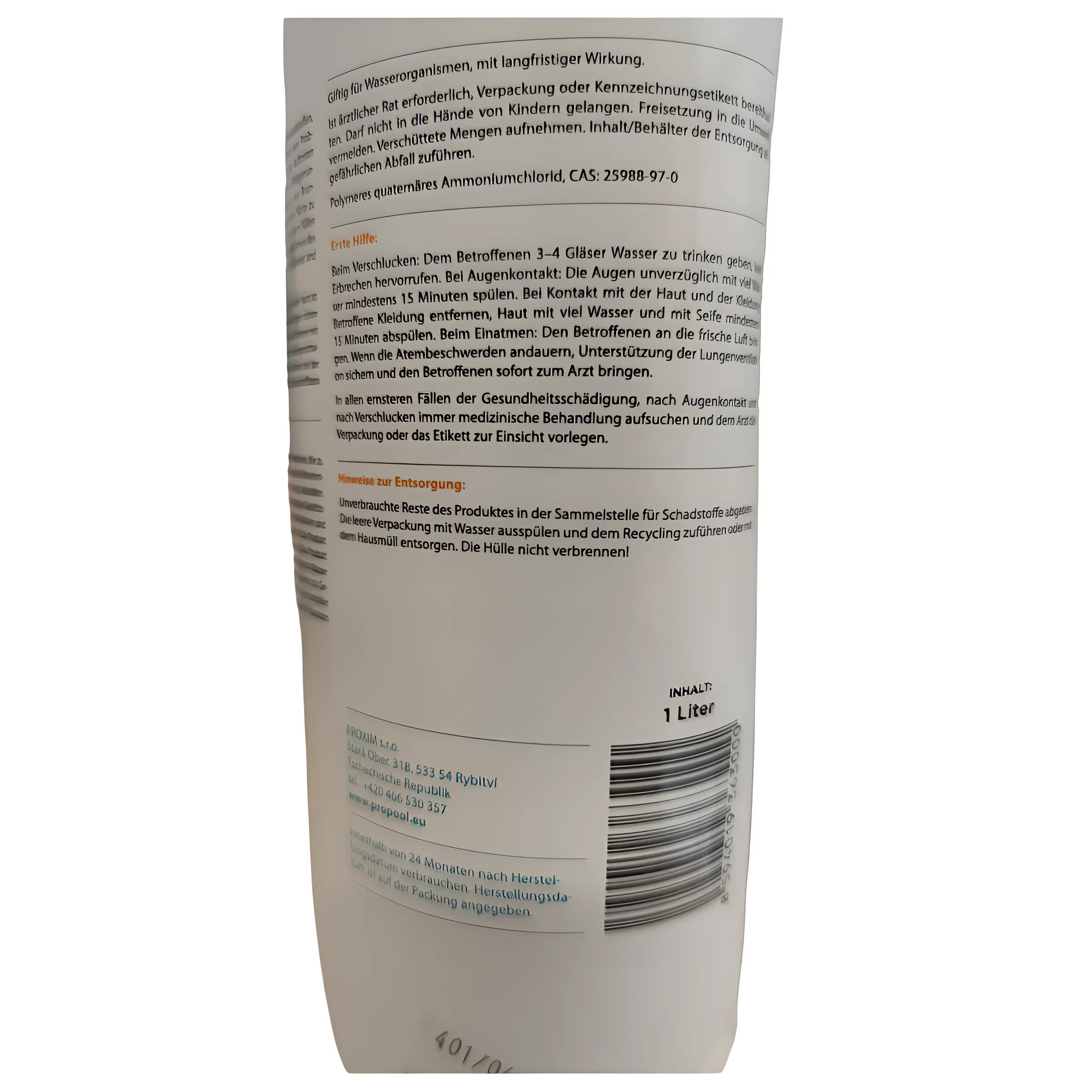 Produkt zur Wasseraufbereitung für klares Poolwasser, enthält wichtige Inhaltsstoffe für optimale Wasserqualität.