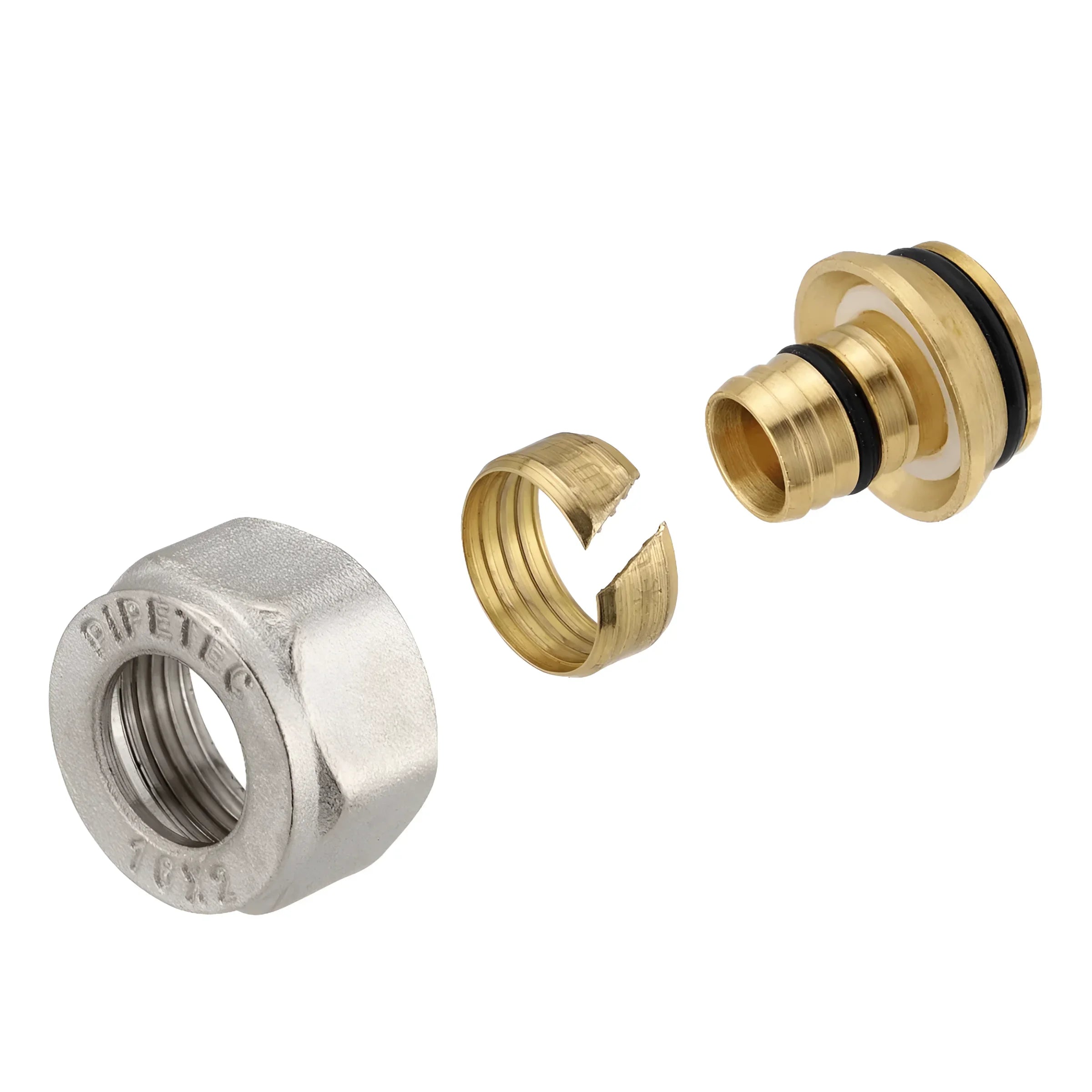 Disassembled brass plumbing fitting for sichere rohrverbindung bei Klemmringverschraubung