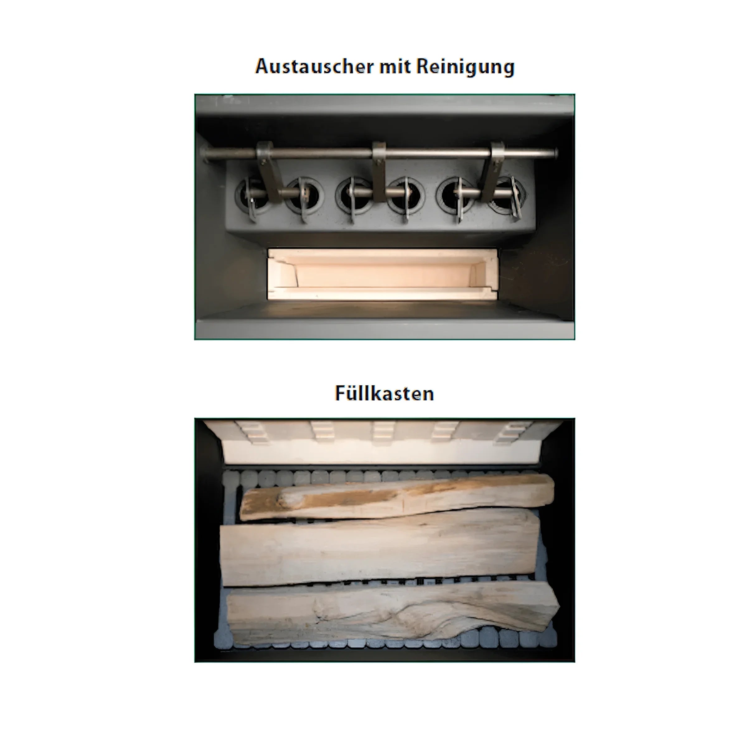 Holzvergaser ROJEK PK BIO: Austausch mit 🔧 und Füllkasten mit 📦 Holzstücken.