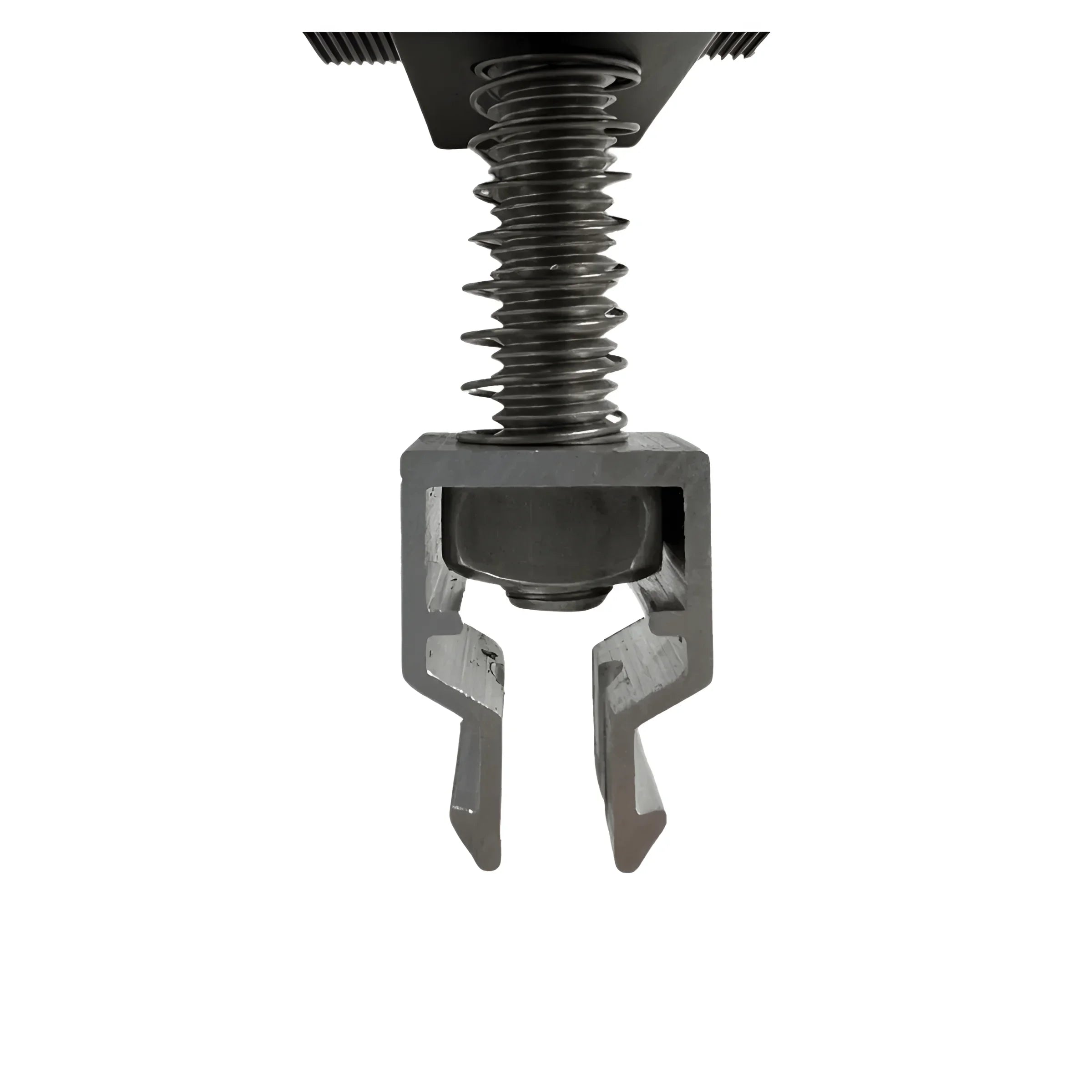 Detailansicht eines mechanischen Greifers mit federbelastetem Hals und greifenden Klammern. Ideal für verschiedene Anwendungen.