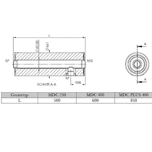Technische Zeichnung eines zylindrischen Heizstabs mit Maßen für Durchlauferhitzer MDC 230 plus Heizstab 3 kW