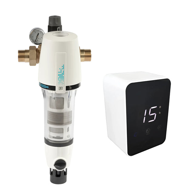 Aqmos Hauswasserfilter mit Rückspülfilter-Automatik, Druckminderer und Manometer.