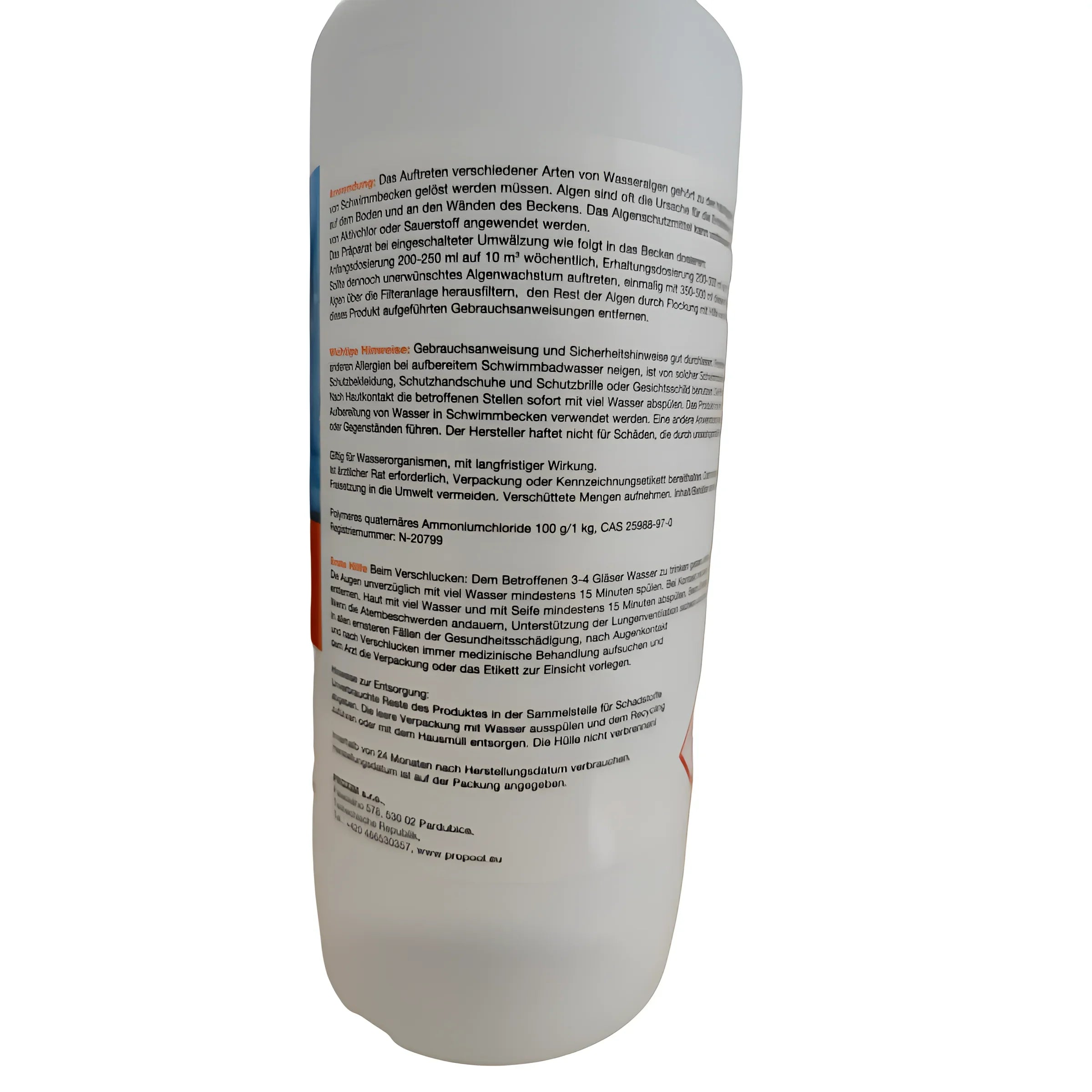 Flasche mit Algenschutzmittel 1L für Poolwasserqualität und Algenkontrolle, Anwendungshinweise und Inhaltsstoffe.