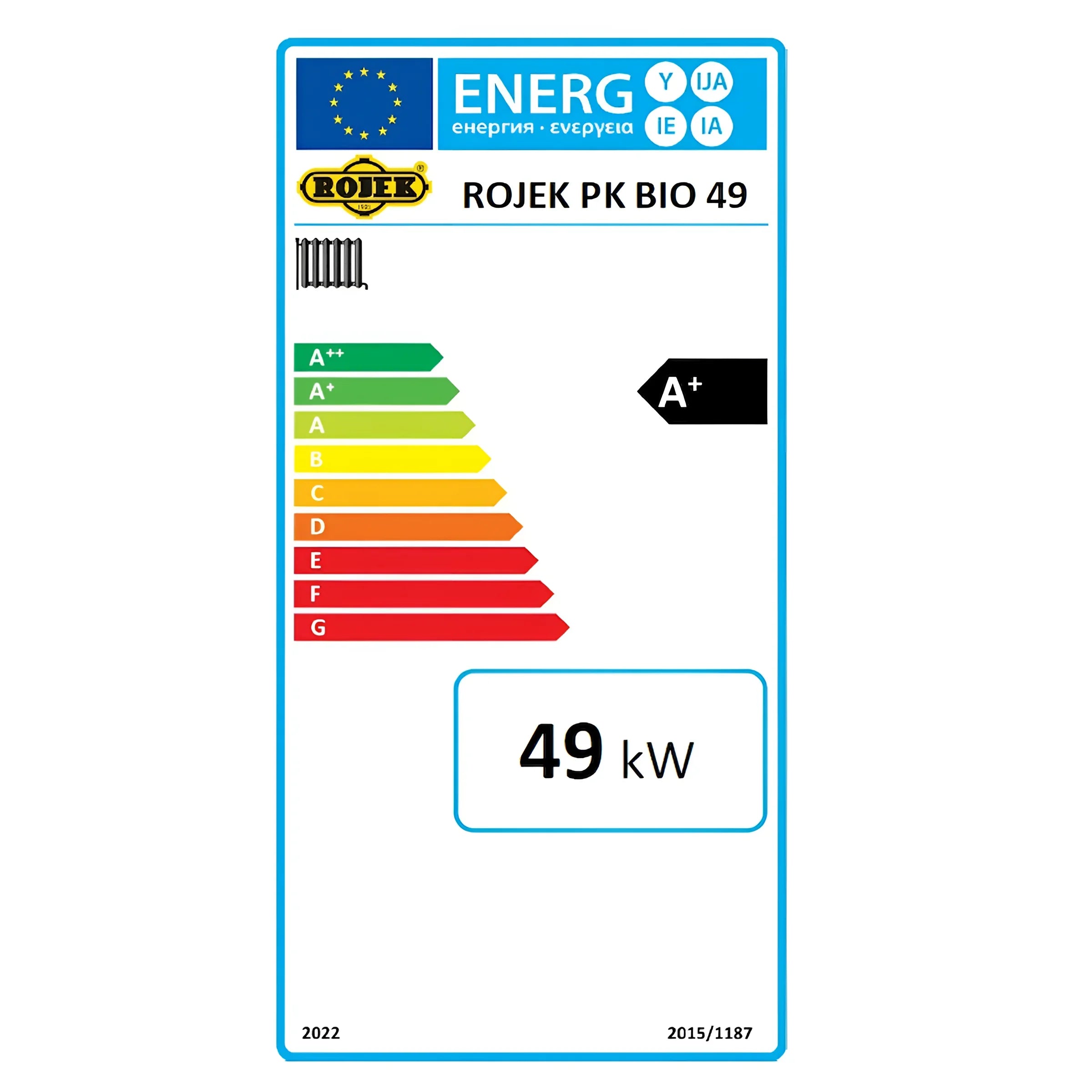 Energieeffizienzlabel für ROJEK PK BIO 49 Heizkessel, A+ Rating, 49 kW 🌱💡