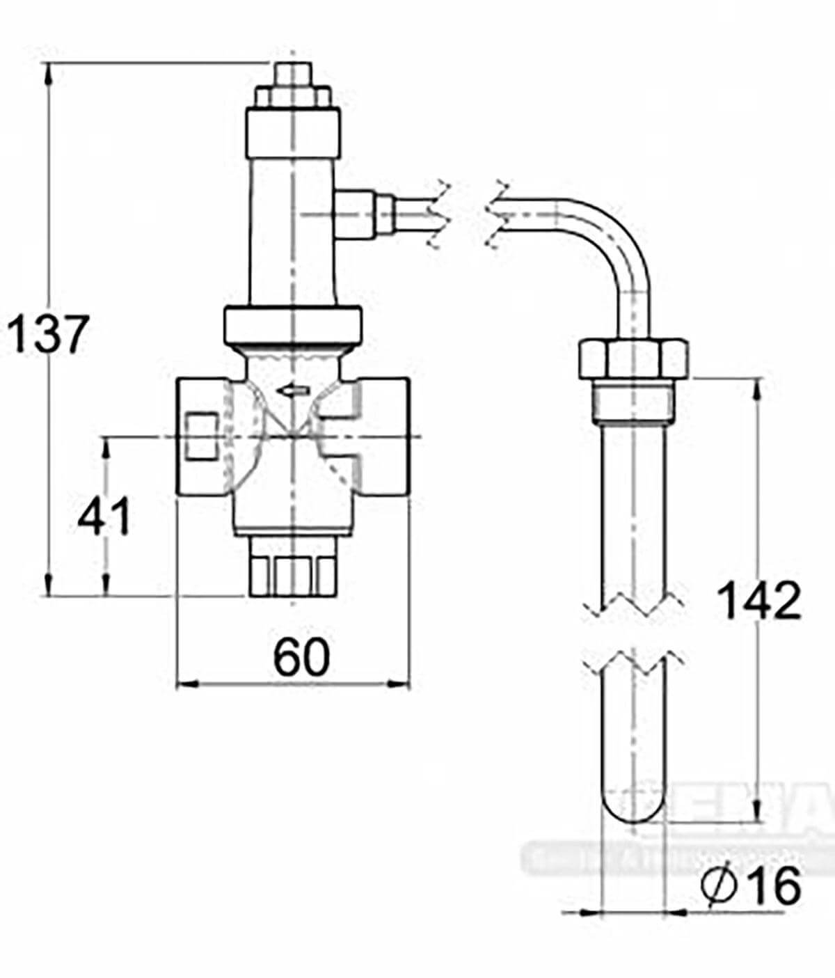 Technische Zeichnung der thermischen Ablaufsicherung CW617N mit externem Temperaturfühler