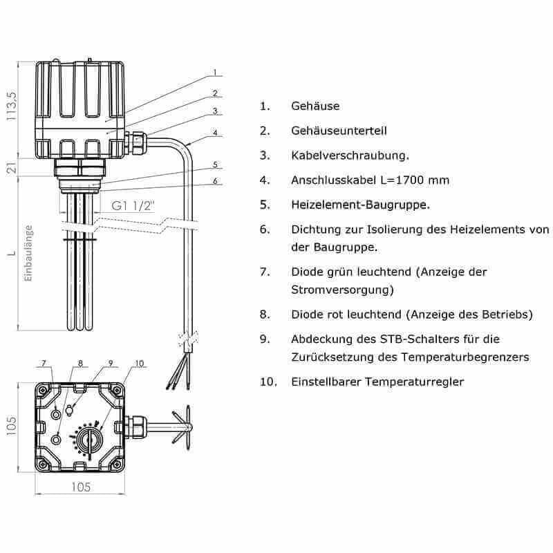 Elektroheizstab mit Regler und Thermostat 3 kW - GEMA Shop