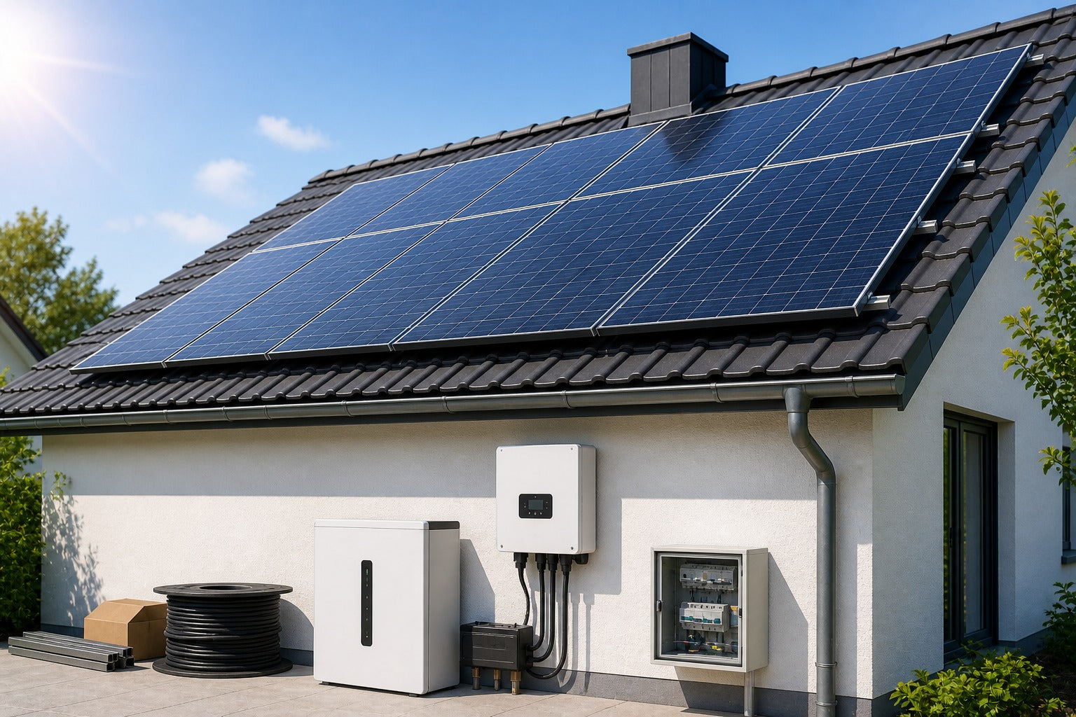 Komplett solcellspaket med paneler, växelriktare och batteri för villa