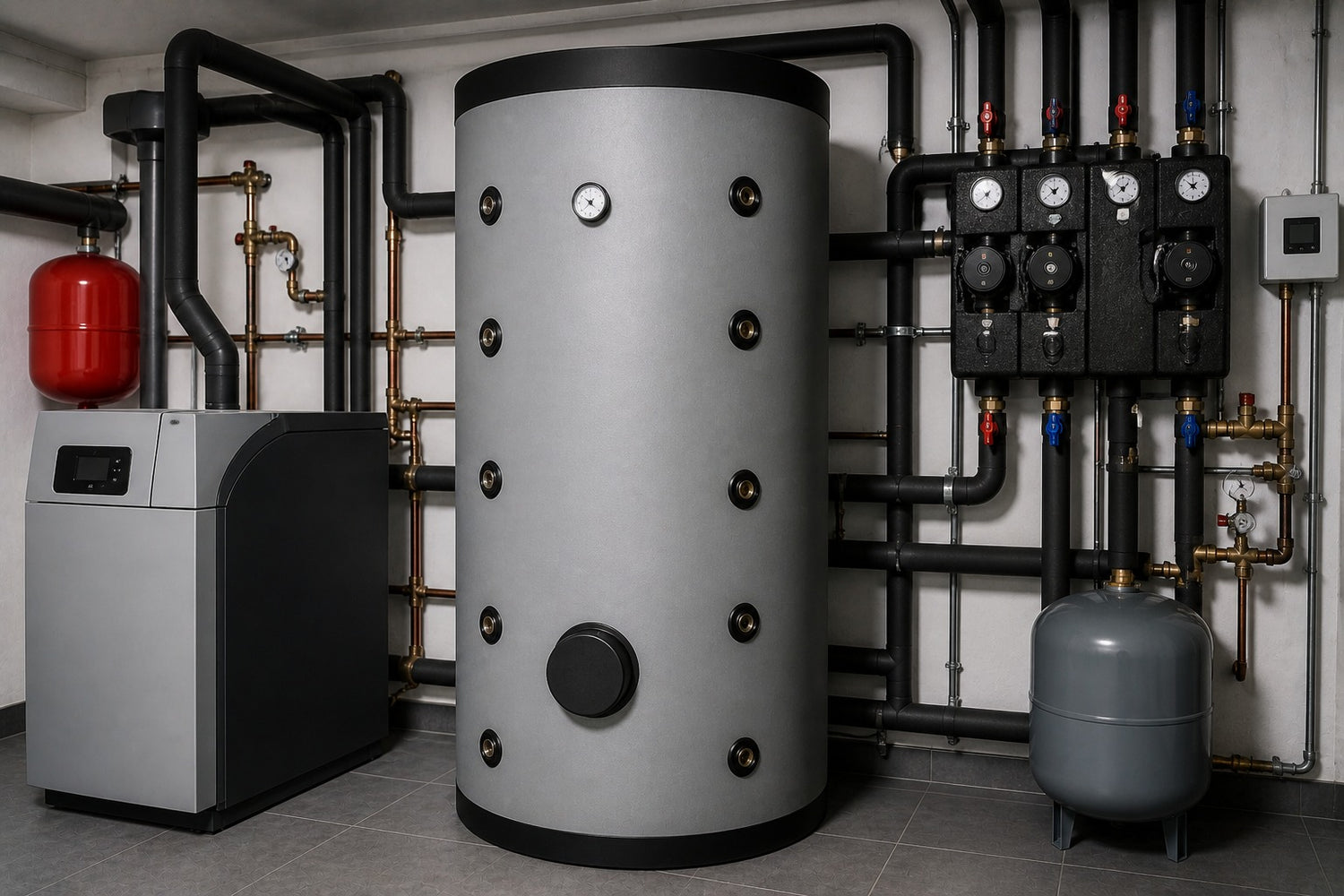 swift
Puffertank i modernt värmrum med rörinstallation och värmeteknik