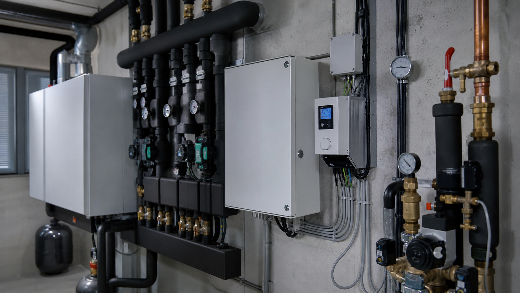 Reglerteknik i modernt värmrum med styrmodul, sensorer och ren installation
