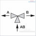 Schematische Darstellung eines motorisierten Dreiwegeventils aus Rot und Messing