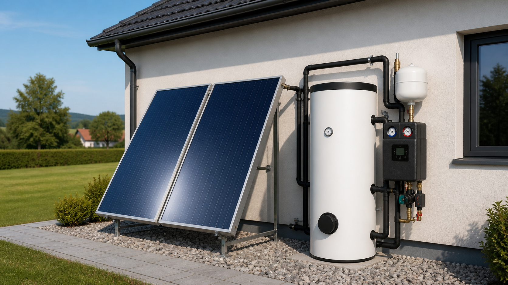 Solvärme-komplettpaket med kollektorer, ackumulatortank och systemteknik i modernt värmrum