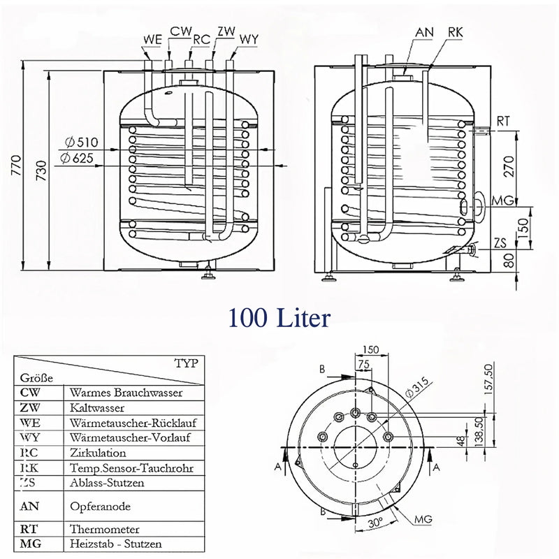 Warmwasserspeicher Trinkwasserspeicher 100 Liter mit 11/2" Anschluss für PV - GEMA Shop