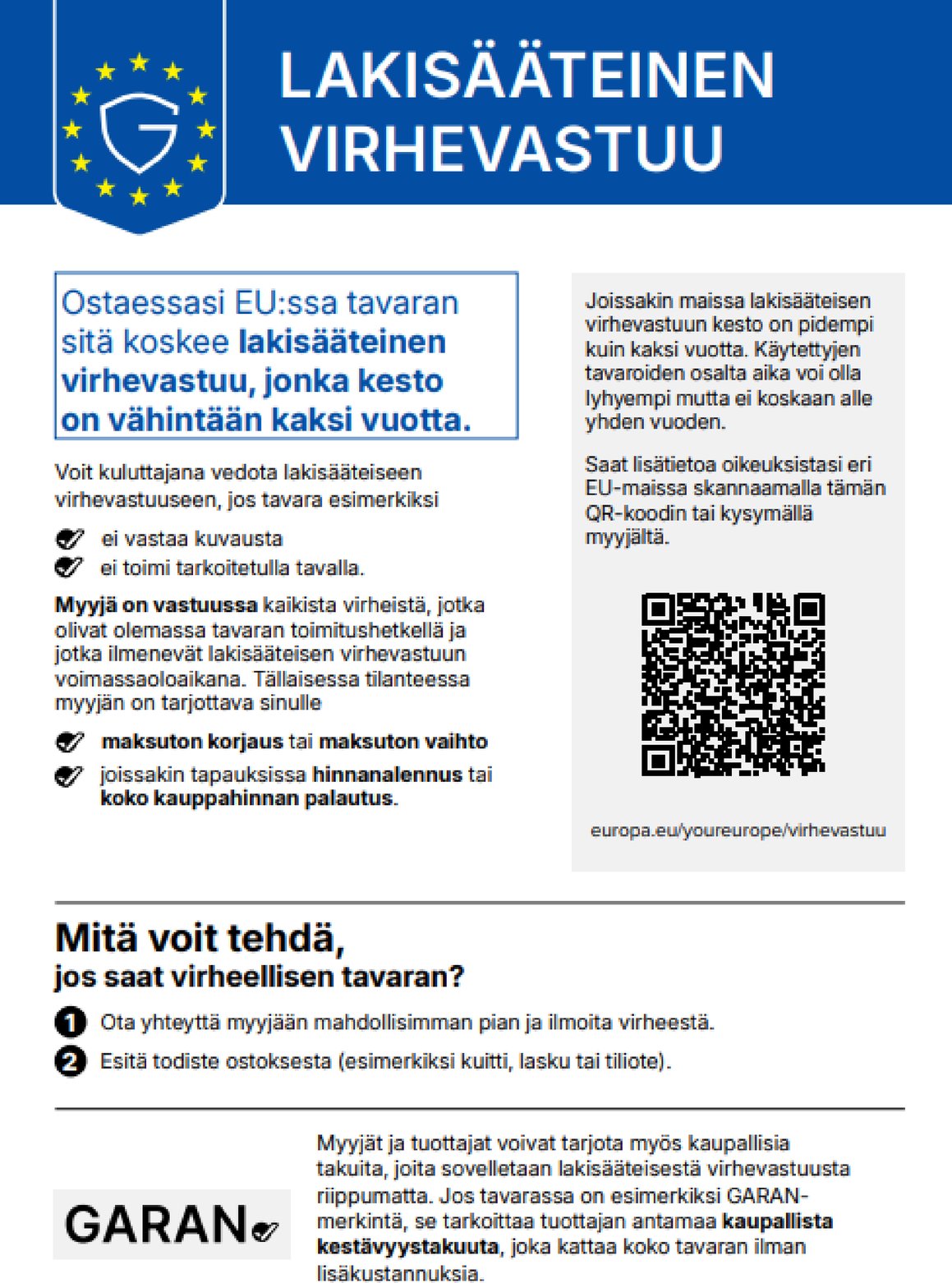 EU:n yhdenmukaistettu ilmoitus lakisääteisestä takuuoikeudesta